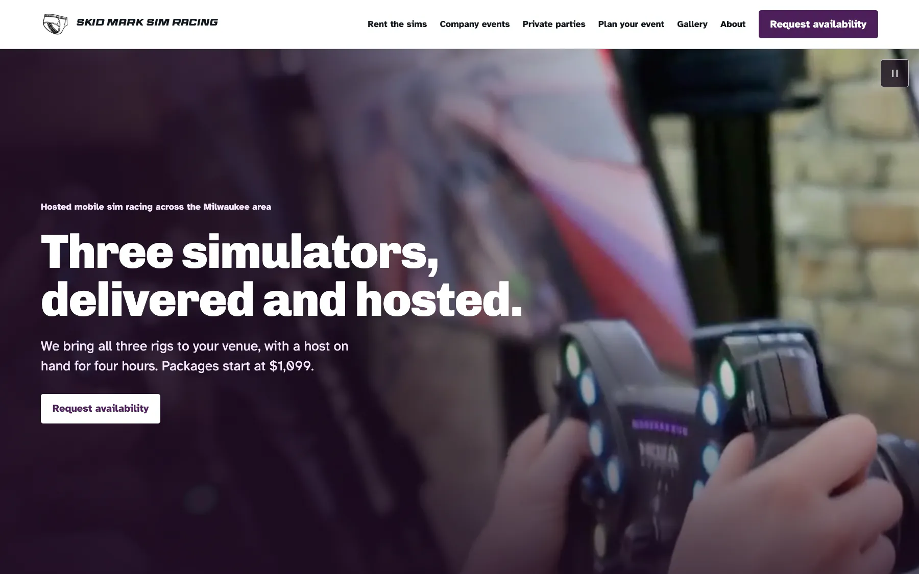 Skid Mark Sim Racing homepage with a purple-tinted video still of hands on a sim racing wheel and the headline Three simulators, delivered and hosted.