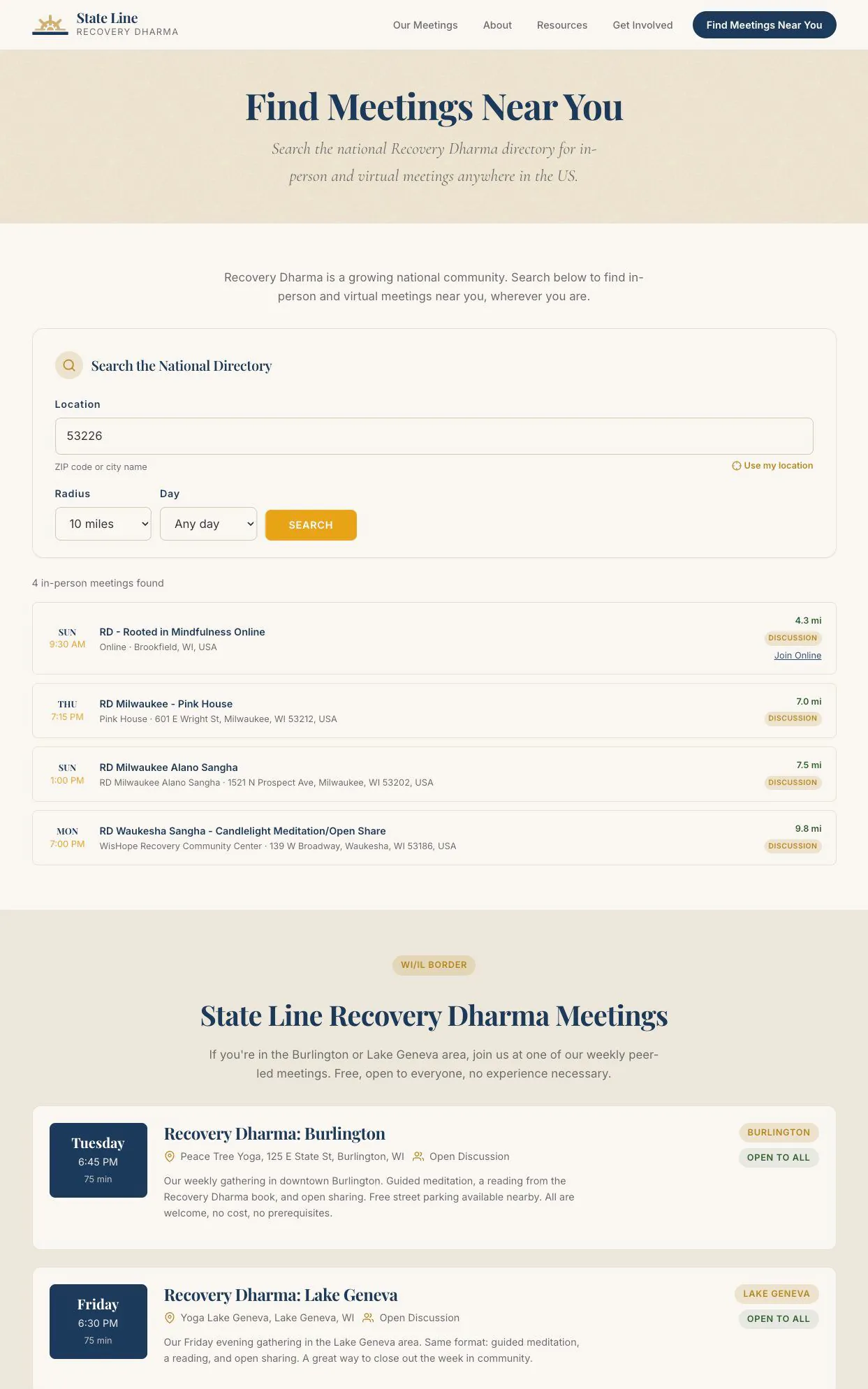 Meeting discovery interface with search, nearby results, and local meeting details.