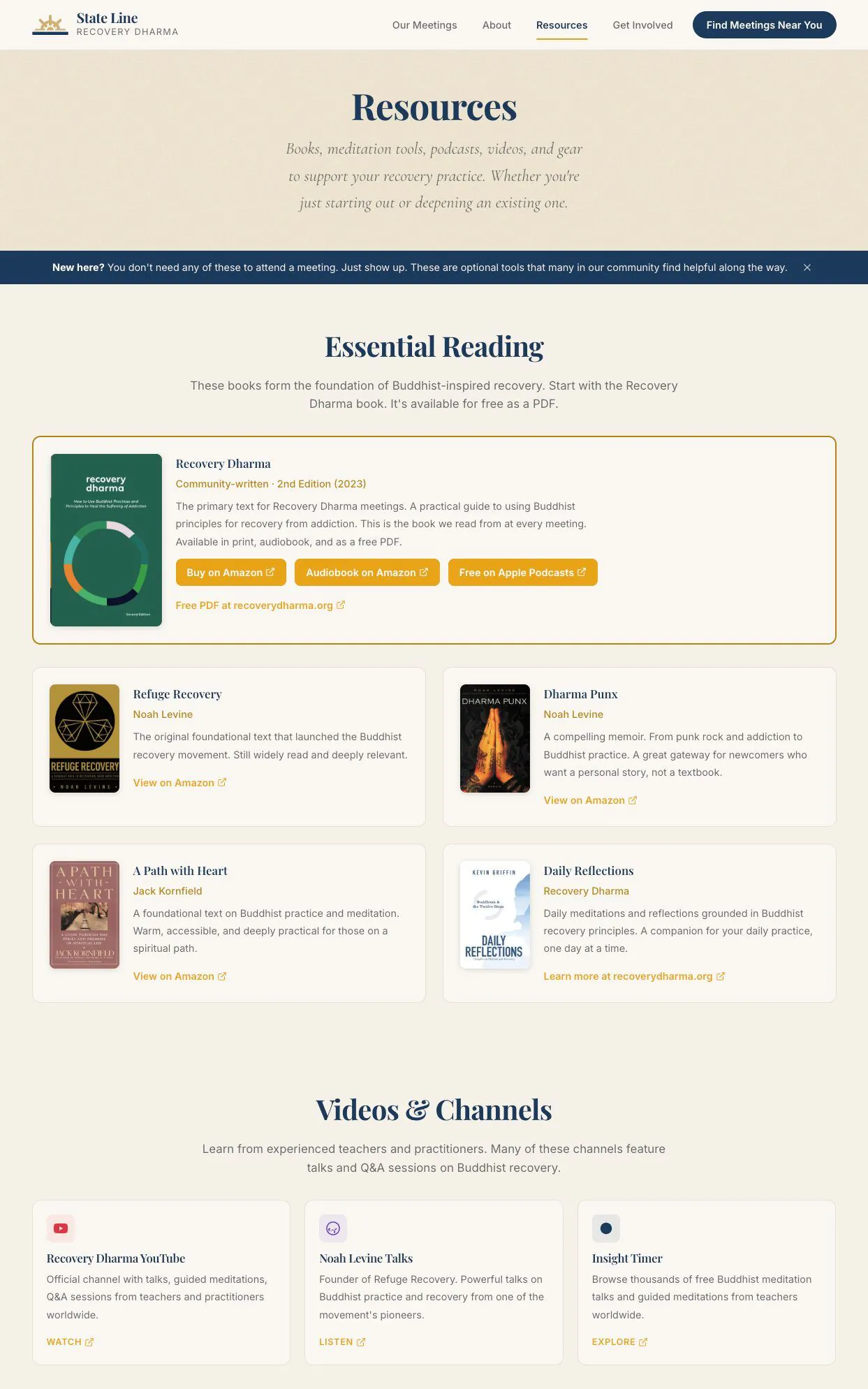 Recovery Dharma resources page, organized into reading, video, and other supporting material.