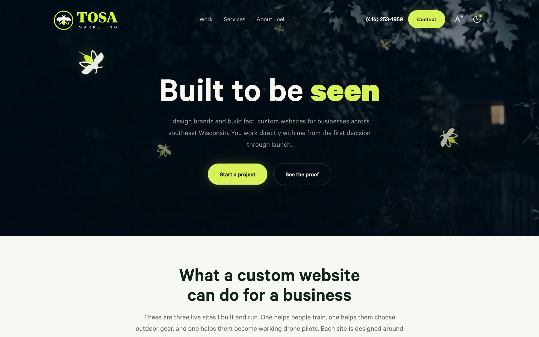 Tosa Marketing homepage with a dark night-sky hero, glowing firefly illustrations, the headline Built to be seen, and Start a project and See the proof buttons