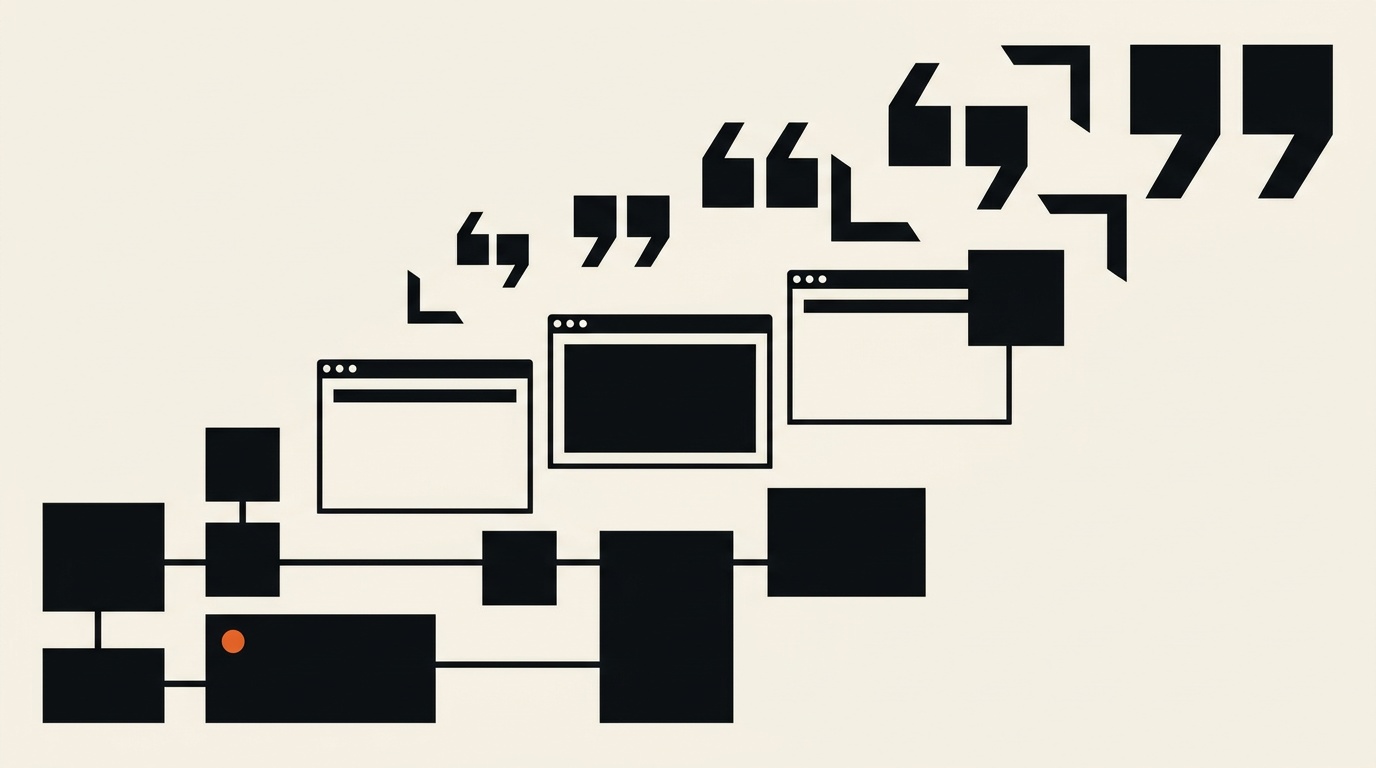 Editorial illustration: web pages rising into quotation marks as cited sources.