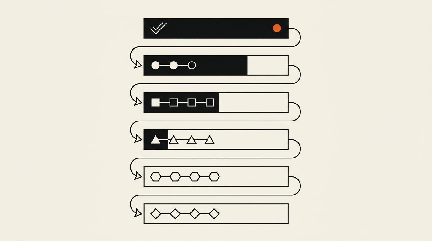 Editorial illustration: a Google Business Profile completing as a stack of progress bars fills.
