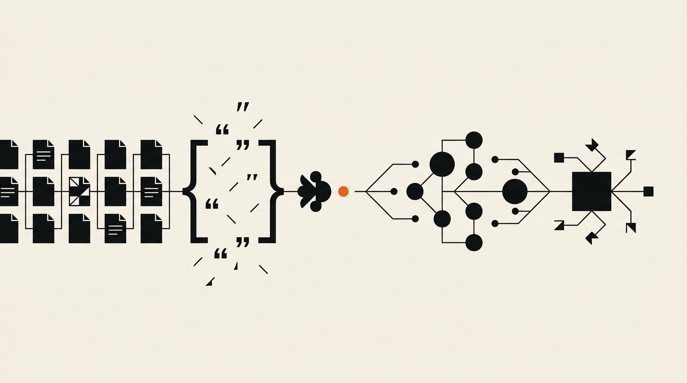 Editorial illustration: content flowing through a citation into a distributed network of AI engines.