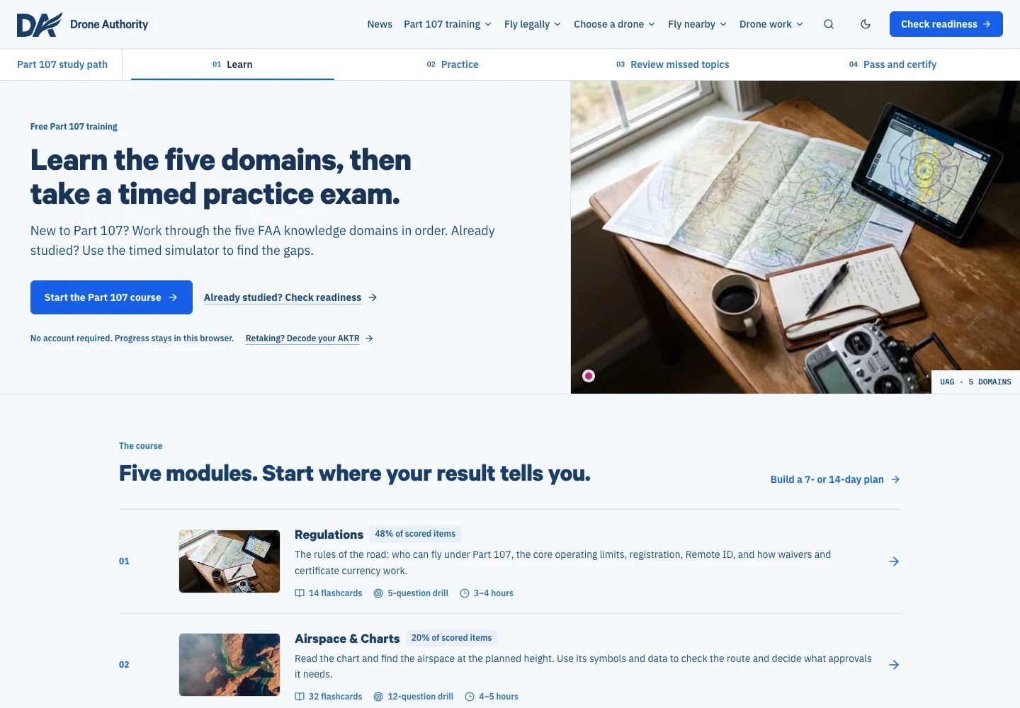 Drone Authority's current Part 107 learning hub, with its five-module study path