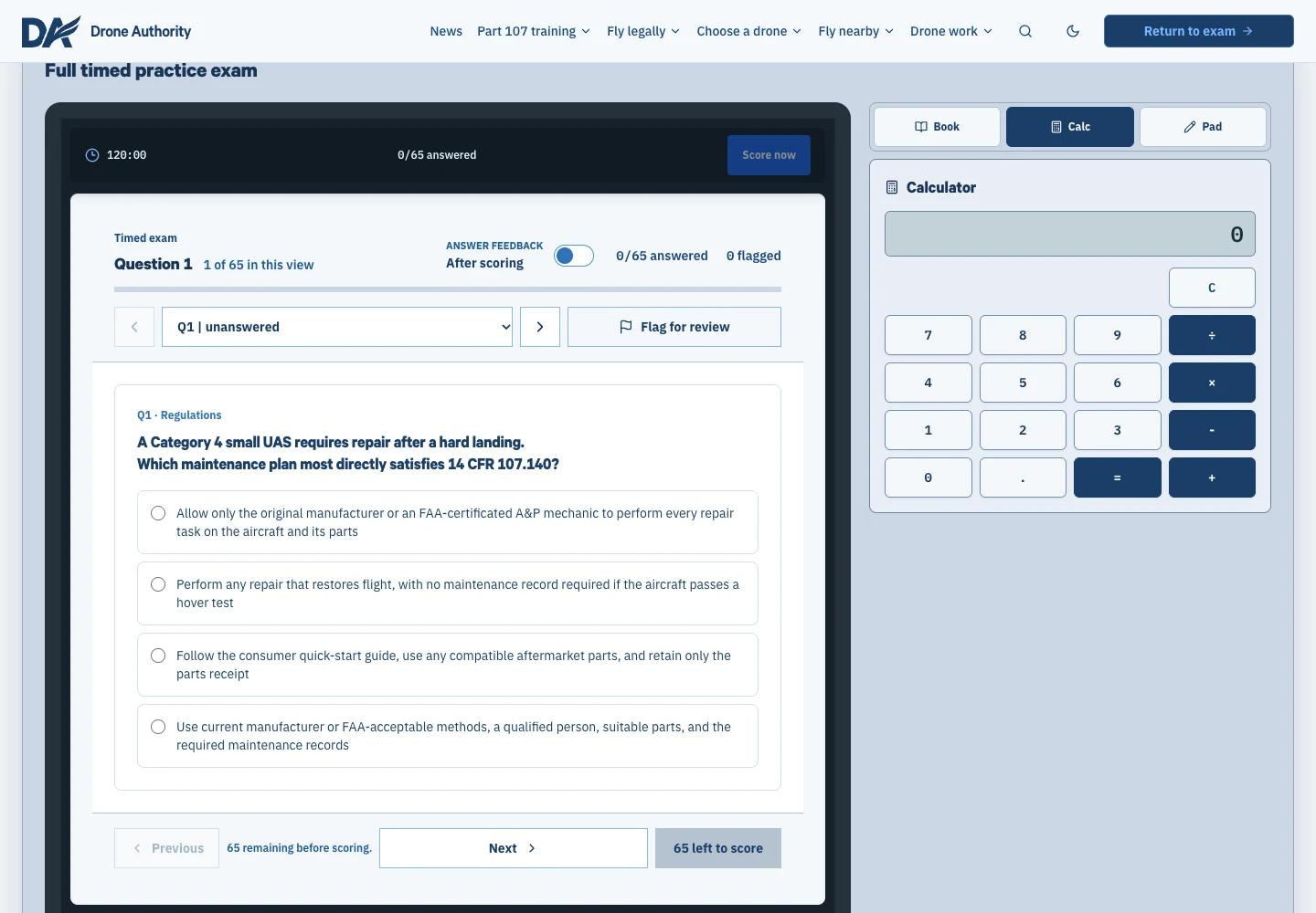 Part 107 exam simulator with a timed practice-test workspace.