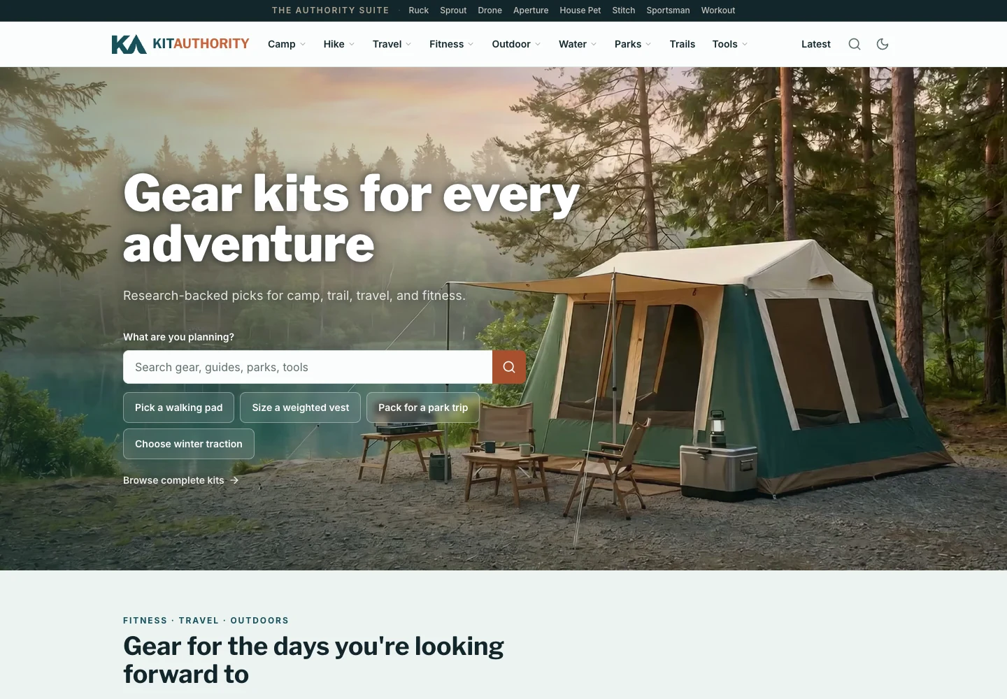 Current Kit Authority homepage with campsite imagery and activity-based gear discovery
