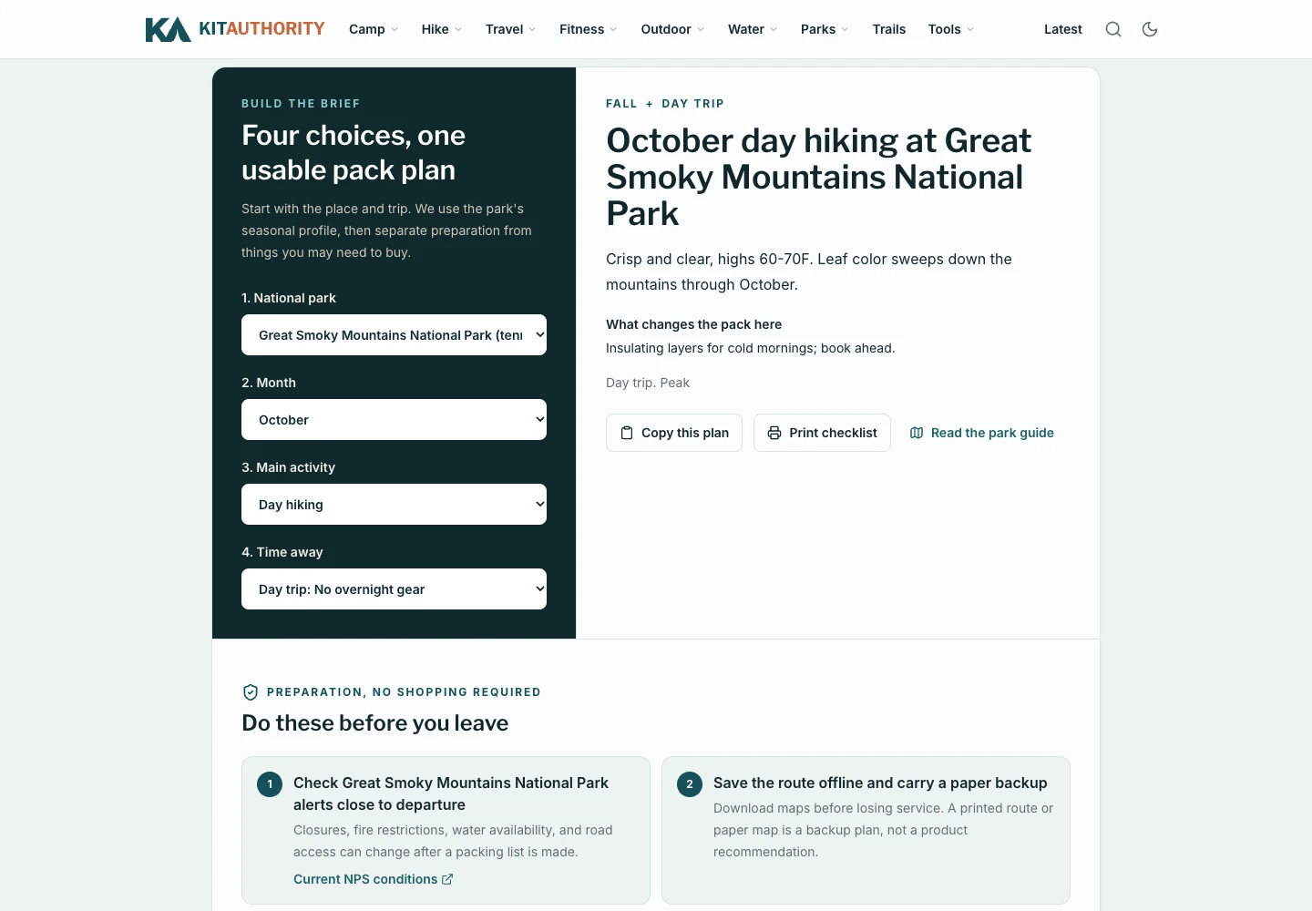 Kit Authority national park planner with trip inputs and a seasonal packing brief.