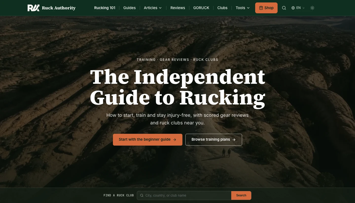 Ruck Authority homepage with its current identity, trail photography, beginner and training links, and club search
